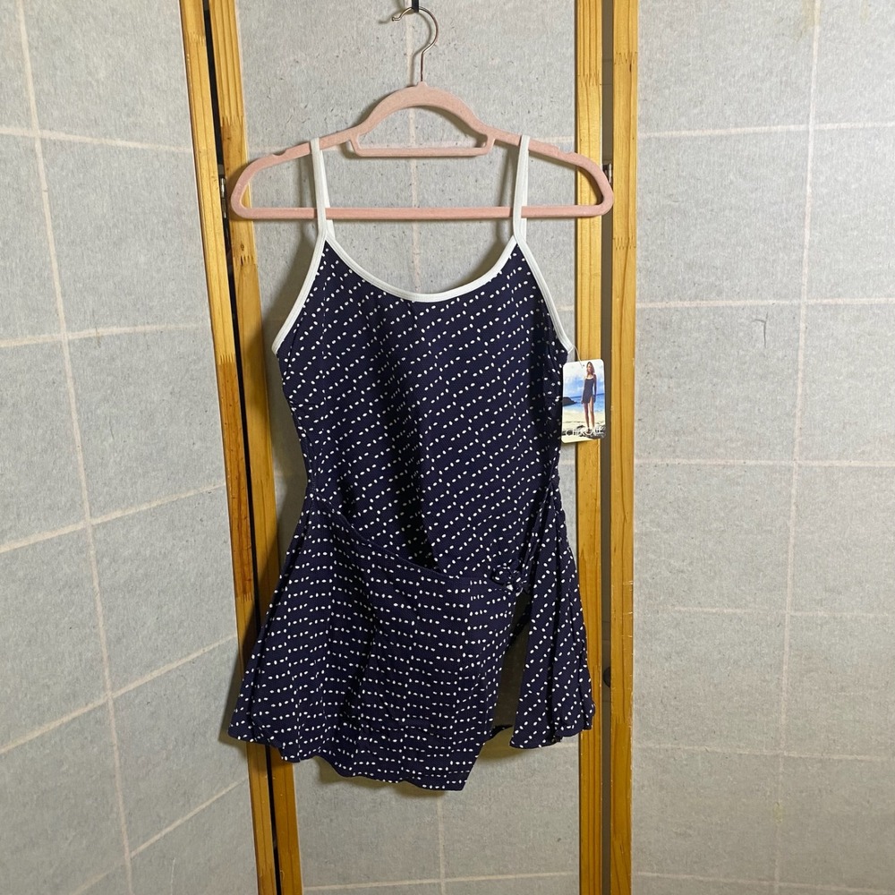 Cherokee Navy Blue Polka Dot One-Piece Swimdress with White Trim